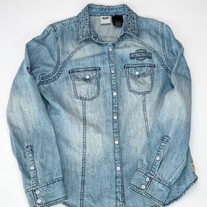 Ladies Harley Davidson motorcycle denim shirt Large, snap button, biker shirt